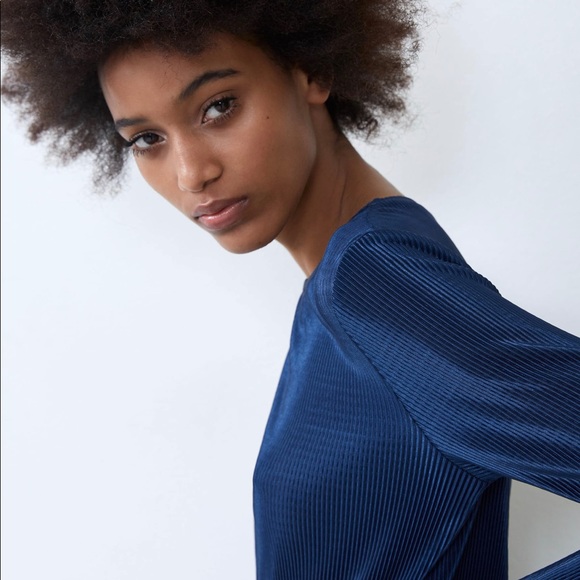 Zara Satin Navy Blue Pleated Dress - Picture 7 of 7